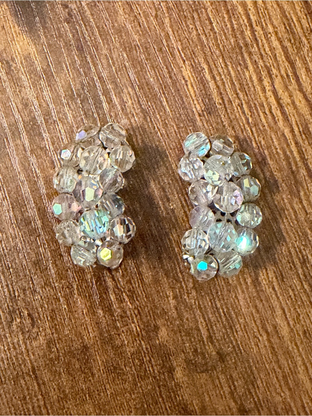 Aurora Borealis AB Glass Bead Cluster Crescent Clip On Earrings Vintage